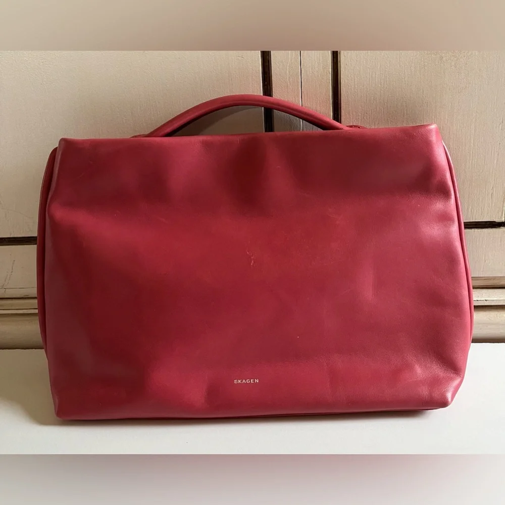 Skagen Women's Mikkeline Satchel Leather Top Handle Handbag-berry pink